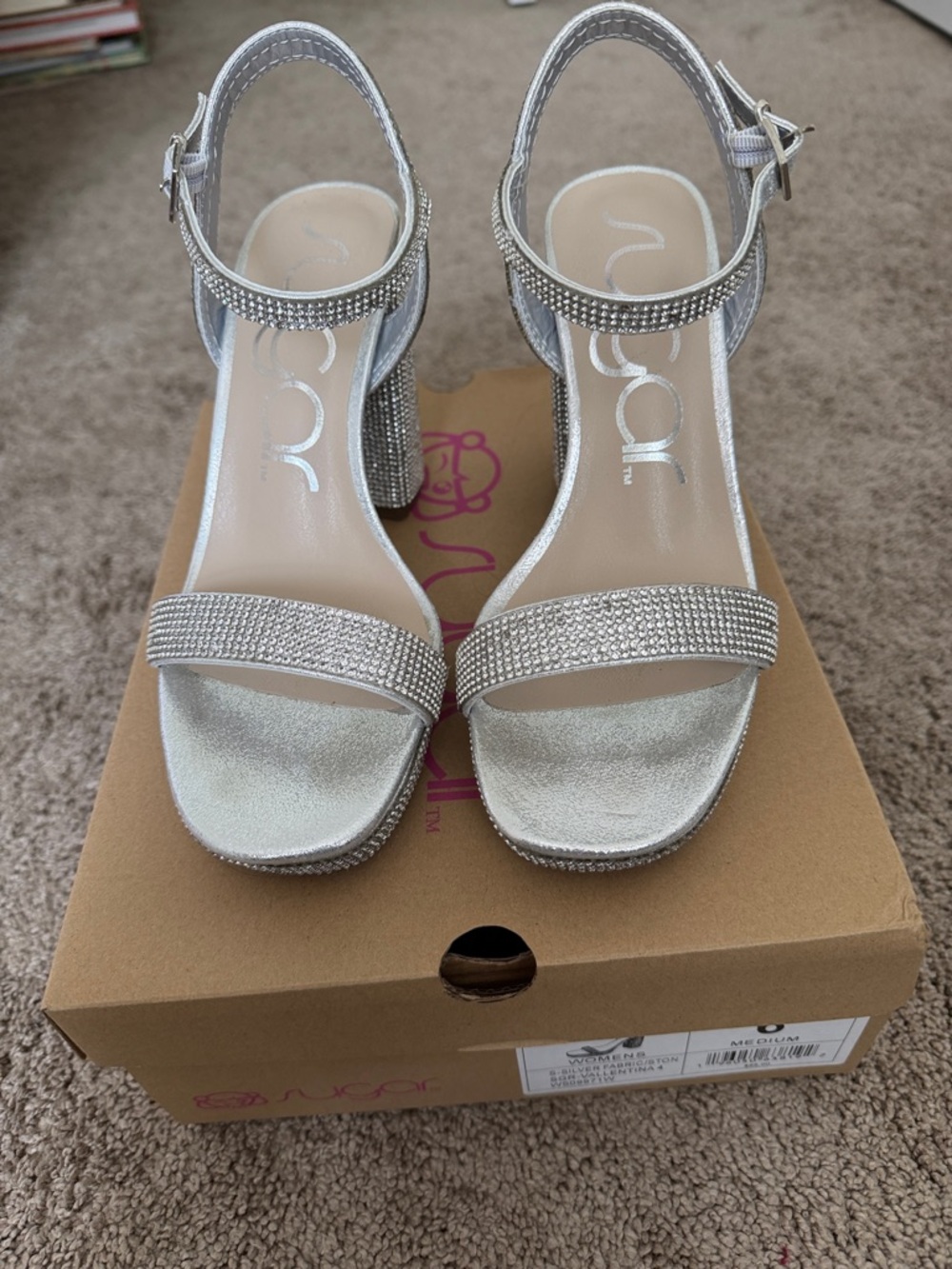 Sugar Silver Rhinestone Block Heel Sandals